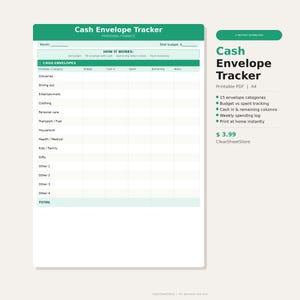 Op de afbeelding: Een afdrukbare PDF-kasomslagtracker met een groene kop en een witte achtergrond. De tracker bevat secties voor budget, contant geld, besteed, resterend en notities. De tekst "Cash Envelope Tracker" wordt prominent weergegeven.