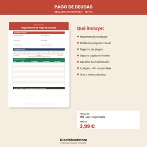 May include: A digital A4 debt payment tracker template featuring a red header with the text PAGO DE DEUDAS, a debt summary section, a visual progress bar, a payment log table with columns for date, amount, principal, interest, and balance, and a motivation section.