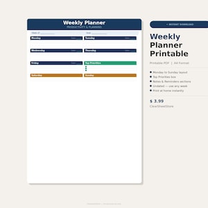 Puede incluir: Un planificador semanal imprimible en formato A4. Incluye secciones para cada día de la semana, con una sección de "Top Priorities". El diseño incluye el texto "Weekly Planner Printable".