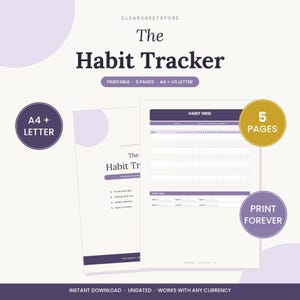 Puede incluir: Un conjunto de documentos imprimibles de seguimiento de hábitos con el texto The Habit Tracker, 5 páginas, A4 + US Letter. El diseño incluye una cuadrícula de hábitos con columnas para el seguimiento diario, secciones de objetivos y reflexión.