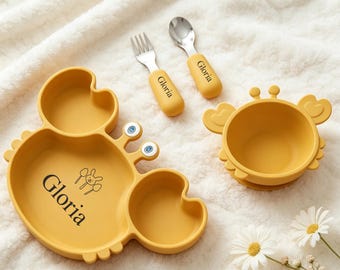 Baby Led Weaning Crab Silicone Feeding Set, Custom Name Suction Plate & Bowl Stainless Steel Toddler Utensils.