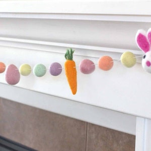 Easter Garland- 1" Felt Balls- Bunny, Carrot, Egg- Pastel Rainbow- Spring Mantle Banner, Shelf Home Decor- 100% Wool