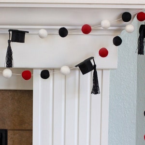 Graduation Cap Garland Decor 1 Felt Balls, 2 Wide Caps Red Black White with BLACK tassels Mortar Board Hat Mantle Party Banner image 1