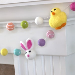 Easter Garland- 1" Felt Balls, 2.5" Bunny & Chick- Spring Mantle Banner, Shelf Home Decor - 100% Wool