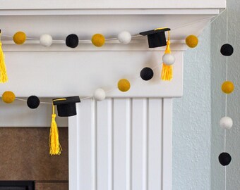 Graduation Cap Garland Decor- 1" Felt Balls, 2" Wide Caps- Black Gold White with GOLD tassels- Mantle Party Banner