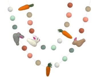 Easter Bunny Carrot Garland- 1" Felt Balls, 2" Bunny, 3" Carrot- Teal, Peach, Tan- Spring Mantle Banner, Shelf Home Decor- 100% Wool