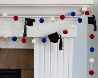 Graduation Cap Garland Decor- 1" Felt Balls, 2" Wide Caps- Red Blue White with BLACK tassels- Mortar Board Hat- Mantle Party Banner