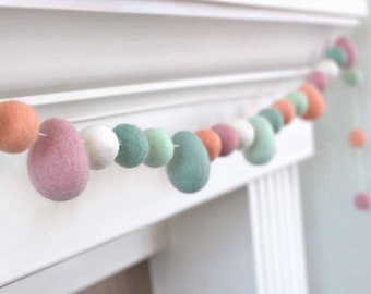 Easter Egg Garland- 1" Felt Balls, 1.75-2" Eggs - Spring Mantle Banner, Shelf Home Decor- 100% Wool