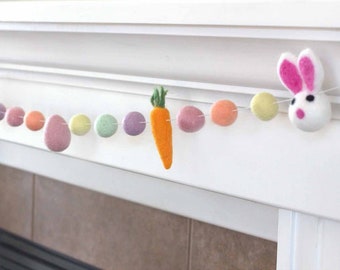 Easter Garland- 1" Felt Balls- Bunny, Carrot, Egg- Pastel Rainbow- Spring Mantle Banner, Shelf Home Decor- 100% Wool