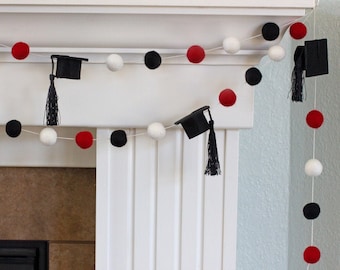 Graduation Cap Garland Decor- 1" Felt Balls, 2" Wide Caps- Red Black White with BLACK tassels- Mortar Board Hat- Mantle Party Banner