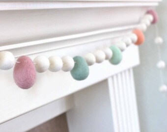 Easter Egg Garland- 1" Felt Balls, 1.75-2" Eggs- Pinks, Teals- Spring Mantle Banner, Shelf Home Decor- 100% Wool