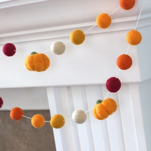 Fall Felt Pumpkin Garland- Burgundy, Orange- Halloween Mantle Banner, Autumn Shelf, Thanksgiving Home Decor- 1&quot;  Felt Balls  1.5&quot; Pumpkins