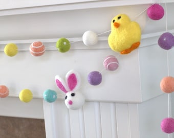 Bunny & Chick Easter Felt Garland- Felt Balls, Swirls Dots- Bright Colors - Spring- Party Decor- 1" Felt Balls - 100% Wool
