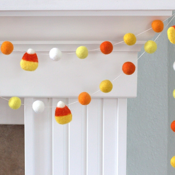 Candy Corn Garland- Oranges & Yellows- Fall Mantle Banner, Autumn Shelf, Thanksgiving Harvest, Party Decor- 1" Felt Balls- 100% Wool