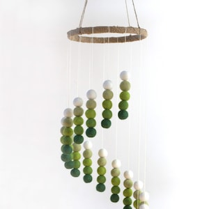Green Spiral Nursery Mobile Decor- Felt Balls- Pom Poms- Childrens Room Hanging Ceiling Decoration- 100% Wool- Handmade Baby Shower Gift