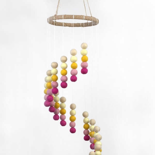 Spiral Felt Ball Mobile- Pink & Yellow Pom Poms- Childrens Nursery Ceiling Art Decoration- 100% Wool- Handmade Baby Shower Gift