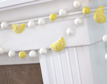 Lemonade Stand Felt Garland- 1" Felt Balls, 2" Lemons- Yellow & White- Summer Decor Fruit Citrus Lemon Kitchen Pom Pom Banner- 100% Wool