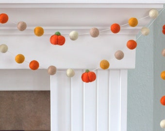 Felt Pumpkin Garland- Orange & Tan- Fall Mantle Banner, Autumn Shelf, Thanksgiving Home Decor, Halloween Party- 1" Felt Balls 1.5" Pumpkins