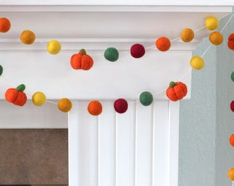 Felt Pumpkin Garland- Green Burgundy Orange Gold- Fall Mantle Banner, Autumn Shelf, Thanksgiving Home Decor- 1"  Felt Balls  1.5" Pumpkins