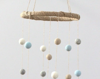 Blue Felt Ball Nursery Mobile Decor- Felt Balls & Stars- Ice Blue, Almond, Gray, White- Nursery Childrens Room Mobile Decor- 100% Wool
