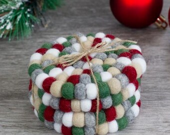 Round Felt Christmas Coasters- Set of 4 or 6- 4" Wide, 100% Wool- Vintage Colors- Handmade Gift Idea, Tea Coffee Table Accessories