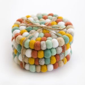 Round Felt Coasters – Set of 4 or 6 – Earth Tone Spring Multicolor – 4" Wide, 100% Wool – Handmade Easter Table Decor – Tea Coffee Accessory