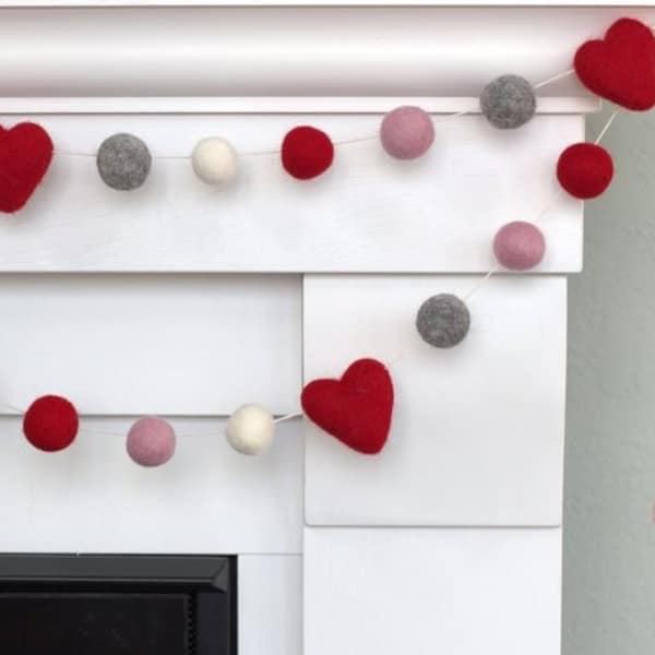 Valentine's Heart Garland- 1" Felt Balls, 1.75" Hearts- Red, Pink, Gray, White- Mantle Banner, Shelf Home Decor- 100% Wool