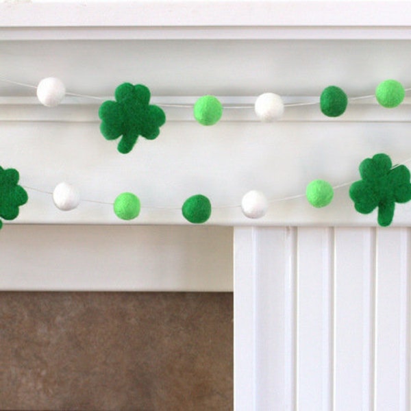 Shamrock Garland St. Patrick's Day- 1" Felt Balls, 2.5" Shamrocks- Green White- Spring Mantle Shelf, Leprechaun Home Decor- 100% Wool
