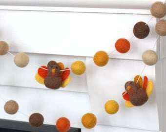 Thanksgiving Turkey Fall Garland- Brown Orange- Home Decor Mantel Banner, Autumn Harvest Shelf Bunting, 1&quot; Wool Felt Balls, 2.5&quot; Turkeys