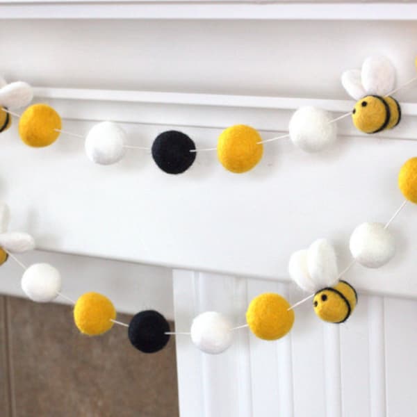 Bumble Bee Felt Garland- 1" Felt Balls- Golden Yellow, Black- Spring Mantle Banner, Summer Shelf Home Decor- 100% Wool