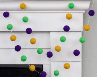 Mardi Gras Home Decor Felt Ball Garland-  1" Felt Balls- Pom Pom Holiday Banner- Purple Green Golden Yellow- Mantel Banner, Shelf- 100% Wool