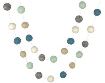 Spring Felt Ball Garland- 1" Felt Balls- Light Teal, Seafoam, Almond, Gray, White- Easter Mantle Hanging Banner, Shelf Home Decor, Playroom