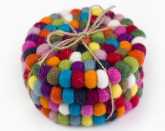 Round Felt Coasters- Set of 4 or 6- Multicolor- 4" Wide, 100% Wool- Handmade Gift Idea- Tea Coffee Table Accessories