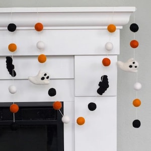 Handmade Wool Felt Halloween Garland – Ghosts, Bats - Orange Black Balls (100% Wool) Banner Decor