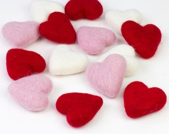 Wool Felt Hearts- Red Pink White- SET of 3, 6 or 12 Valentine's Day Bowl Filler, Tiered Tray, Shelf Sitter, Wool Cat Toy- Approx. 1.75" Tall