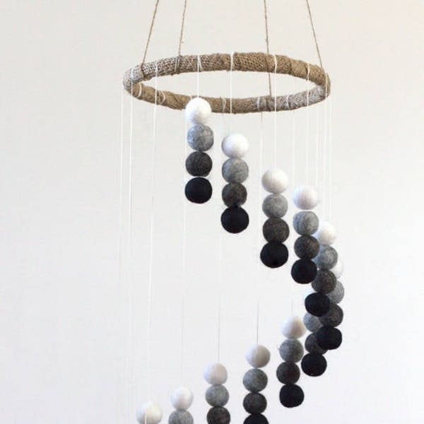 Spiral Felt Ball Mobile- Neutral Nursery- Black, Charcoal, Gray, White-  Baby and Childrens Room Pom Pom Mobile Ceiling Decor- 100% Wool