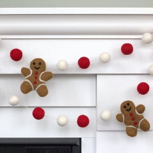 Gingerbread Peppermint Christmas Garland- Red & White- Mantle Banner, Holiday Shelf, Winter Home Decor, Secret Santa- 1" Wool Felt Balls