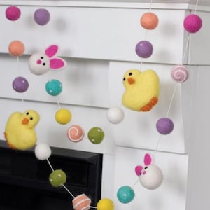 Easter Bunny Chick Felt Garland- 1" Felt Balls, 2.5" Bunny & Chick- Spring Mantel Banner, Shelf Home Decor - 100% Wool