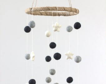 Black Gray Felt Ball & Star Nursery Mobile- Felt Pom Pom Balls, Stars- SMALL SIZE- Baby Childrens Room Decor- 100% Wool