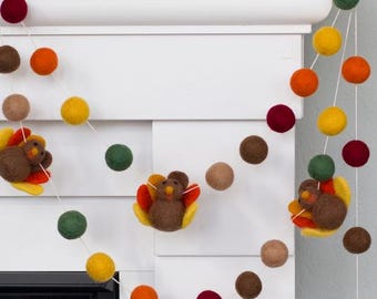 Thanksgiving Turkey Garland Decor- Fall Colors- Mantel Banner, Autumn Shelf, Harvest Bunting- 1" Felt Balls, 2.5" Turkeys- Handmade