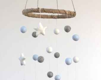 Blue Felt Star Nursery Mobile Decor- Pom Pom Balls & Stars- Ice Blue, Gray, White- Baby Childrens Ceiling Mobile- Ecofriendly, Sustanable