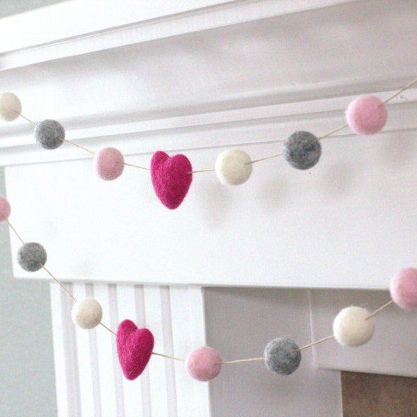 Valentine's Day Garland- 1" Felt Balls, 1.75" Hearts- Berry Pink, Light Pink, Gray, White- Mantle Banner, Shelf Home Decor- 100% Wool