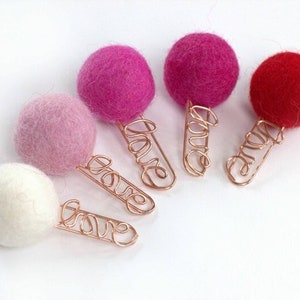 Valentine's Day Bookmark Clips- SET OF 5- Red, Shades of Pink, White- Rose Gold Love Clip- Planner Accessory - Page Marker Pom Pom - 1" Ball