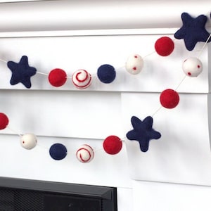 Fourth of July Garland- 1&quot; Felt Balls, 2&quot; Stars- Stars & Swirls- Red White Navy Blue- Memorial Day Party, American Flag Mantle Banner Decor