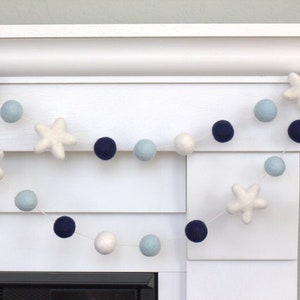Blue Felt Star Garland- 1" Felt Balls, 1.75" Star- Navy, Ice Blue, White- Mantel Banner, Shelf Bunting, Baby Boy Nursery Decor, Playroom