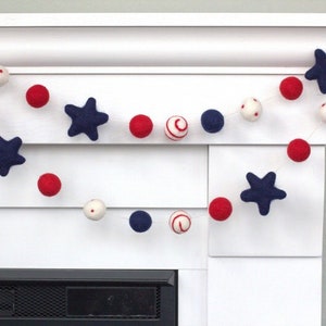 Fourth of July Garland 1 Felt Balls, 2 Stars Stars & Swirls Red White Navy Blue Memorial Day Party, American Flag Mantle Banner Decor image 7