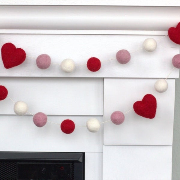 Valentine's Day Garland- 1" Felt Balls, 1.75" Hearts- Red, Pink, White- Mantle Banner, Shelf Home Decor - 100% Wool