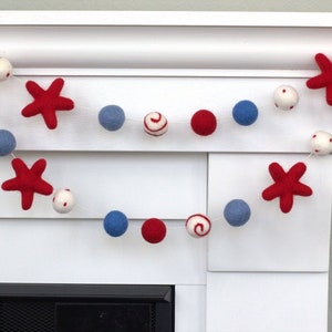 Fourth of July Garland 1 Felt Balls, 2 Stars Felt Balls Stars & Swirls Red White Blue with Red Stars USA Memorial Day 100% Wool image 1