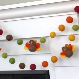 Thanksgiving Turkey Garland- Brown Burgundy Green Orange- Fall Mantle Banner, Autumn Shelf, Harvest Home Decor- 1"  Felt Balls, 2.5" Turkeys