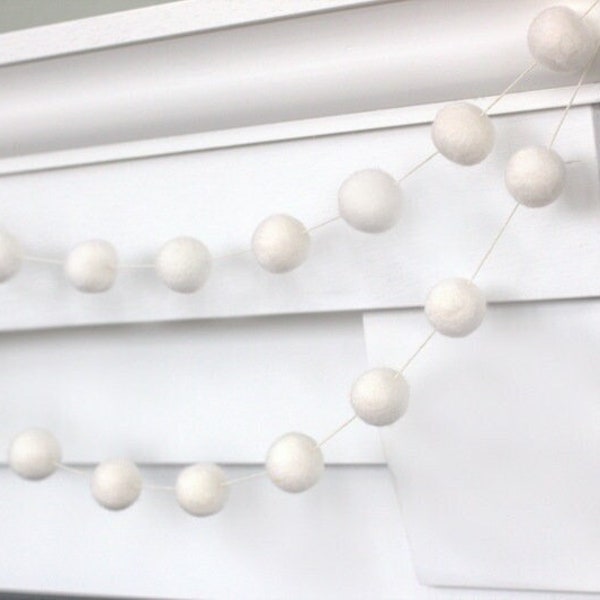 White Felt Ball Garland- Christmas Mantle Banner, Holiday Shelf, Winter Snow Home Decor. Nursery Wall Hanging- 1" Felt Balls- 100% Wool